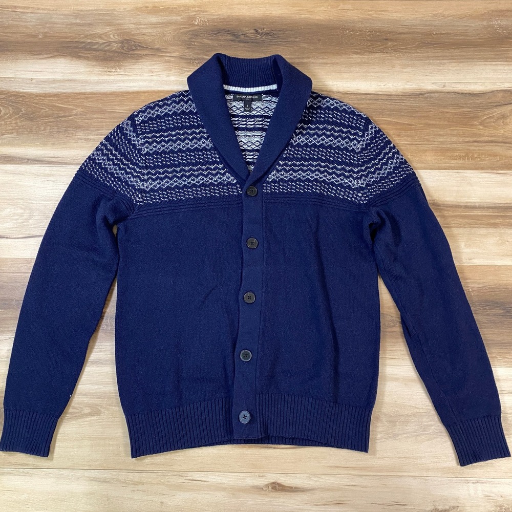 Banana Republic Mens Navy Blue Fair Isle Shawl Collar Cardigan Sweater Small S